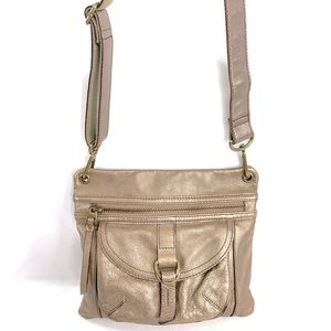 Fossil Muted Gold Taupe Metallic Leather Small Crossbody Bag Purse Brass Buckle